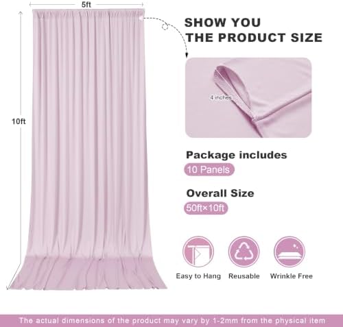50x10ft Light Pink Backdrop Curtains for Parties, 10 Panels 5x10ft Wrinkle-Free Polyester Background Curtains, alternate view
