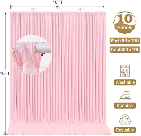 50x10ft Pink Backdrop Curtain Panels for Parties - Wrinkle Free Polyester Photo Curtain Backdrop Wedding Back, alternate view