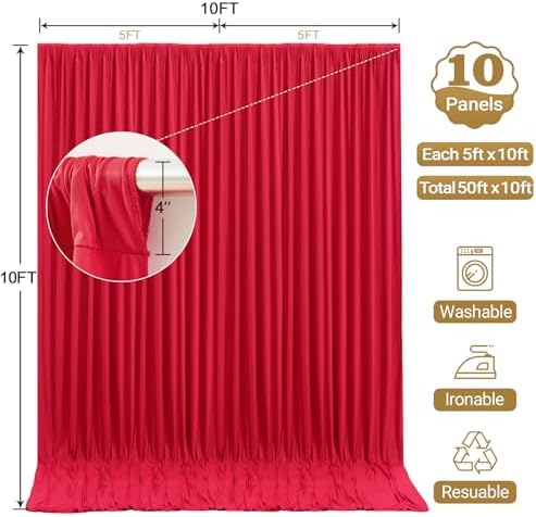 50x10ft Red Backdrop Curtain Panels for Parties - Wrinkle Free Polyester Photo Curtain Backdrop Wedding Back, alternate view