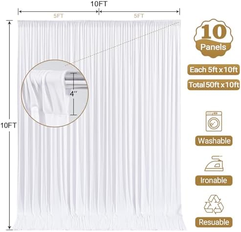 50x10ft White Backdrop Curtain Panels for Parties - Wrinkle Free Polyester Photo Curtain Backdrop Wedding Back, alternate