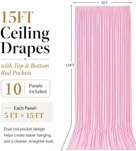 50x15 ft Drapes for Backdrop, Pink Curtains for Weddings, Parties in 5ft(W)x15ft(H)_10 Panels in Pink, alternate view 7