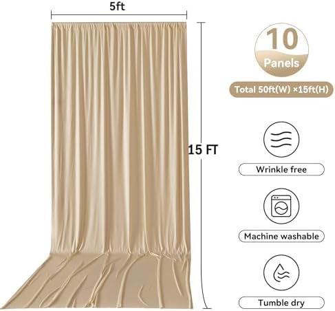 50x15ft Champagne Backdrop Curtains for Parties, Wrinkle Free Polyester Photo Backdrop Drapes 10 Panels 15 ft, alternate view