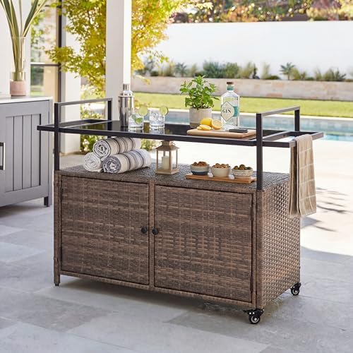 51.2" Wicker Outdoor Bar Cart - Brown Patio Console Storage Table Buffet Cabinet Serving Kitchen Cart with