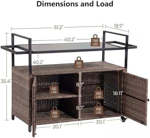 51.2" Wicker Outdoor Bar Cart - Brown Patio Console Storage Table Buffet Cabinet Serving Kitchen Cart with, alternate view 2
