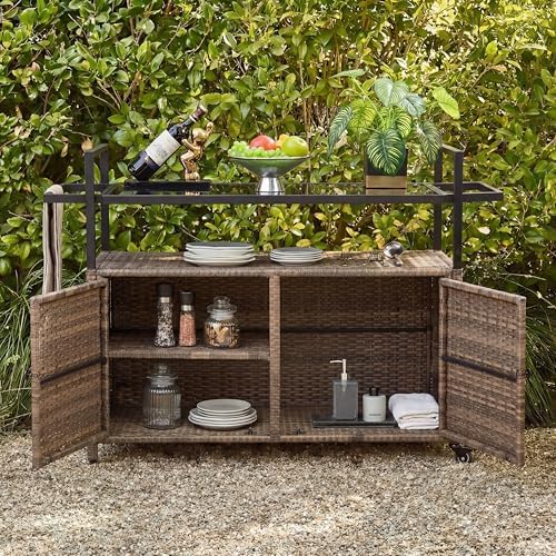 51.2" Wicker Outdoor Bar Cart - Brown Patio Console Storage Table Buffet Cabinet Serving Kitchen Cart with, alternate view 3