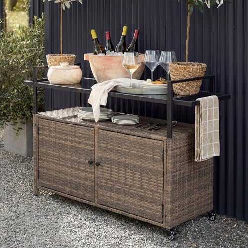51.2" Wicker Outdoor Bar Cart - Brown Patio Console Storage Table Buffet Cabinet Serving Kitchen Cart with, alternate view 4
