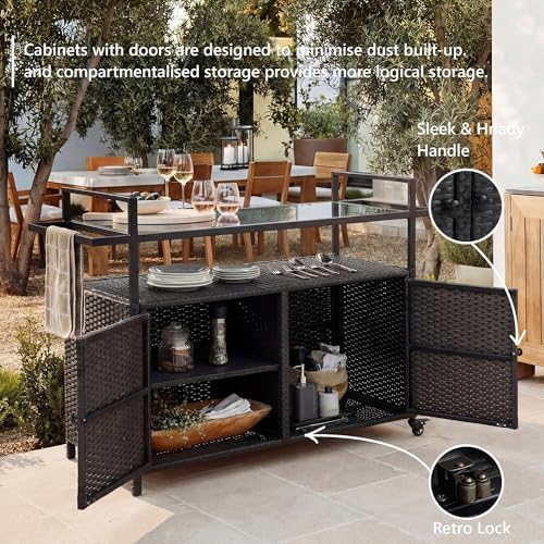 51.2" Wicker Outdoor Bar Cart - Brown Patio Console Storage Table Buffet Cabinet Serving Kitchen Cart with, alternate view 5