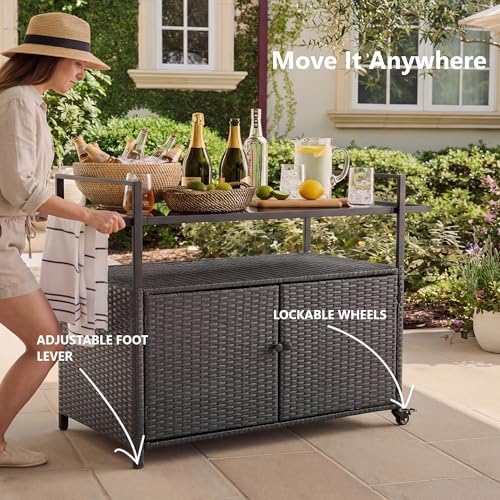 51.2" Wicker Outdoor Bar Cart - Brown Patio Console Storage Table Buffet Cabinet Serving Kitchen Cart with, alternate view 6