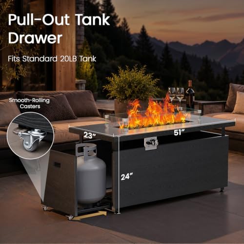 51" 4-in-1 Propane Fire Pit Table, 60000 BTU with Glass Wind Guard, alternate view 3