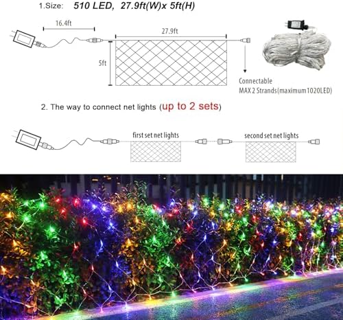 510 LED Christmas Net Lights, 28ft x 5ft Mesh Lights Outdoor Clear Wire 8 modes, Waterproof Connectable String, alternate