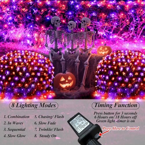 510LED Halloween Net Lights, 28ft x 5ft Outdoor Mesh Lights Purple Orange Clear Wire, 8 Modes & Timer, alternate view 2