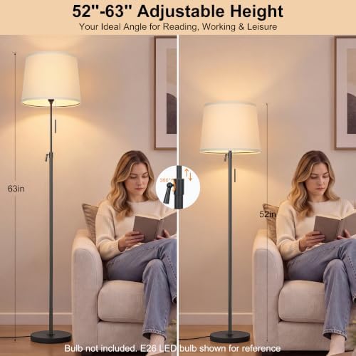 52"-63" Black Adjustable Floor Lamp, Pull Chain Switch, Anti-tip Base, alternate view 2