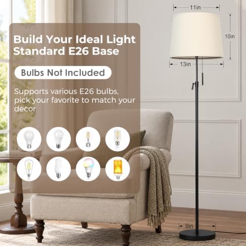 52"-63" Black Adjustable Floor Lamp, Pull Chain Switch, Anti-tip Base, alternate view 5