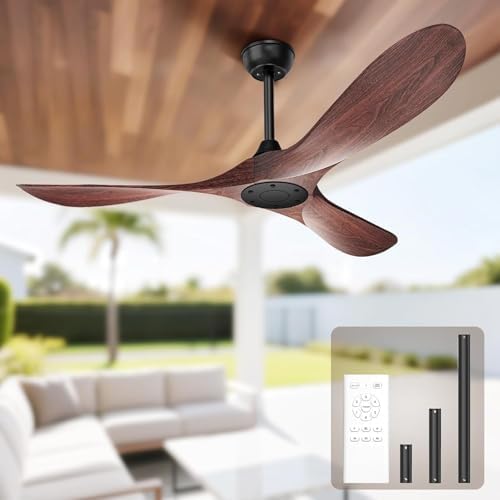 52 Inch Ceiling Fan Without Lights, Walnut Finish | Outdoor Ceiling Fan with Remote, 6-Speed Adjustable