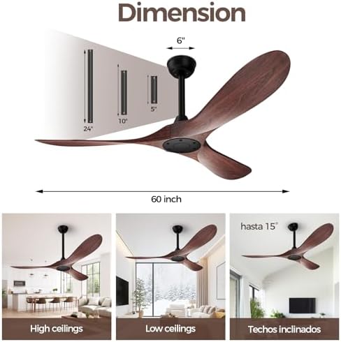 52 Inch Ceiling Fan Without Lights, Walnut Finish | Outdoor Ceiling Fan with Remote, 6-Speed Adjustable, alternate view 2
