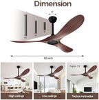 52 Inch Ceiling Fan Without Lights, Walnut Finish | Outdoor Ceiling Fan with Remote, 6-Speed Adjustable, alternate view 2