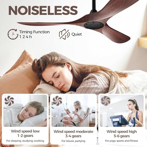 52 Inch Ceiling Fan Without Lights, Walnut Finish | Outdoor Ceiling Fan with Remote, 6-Speed Adjustable, alternate view 3