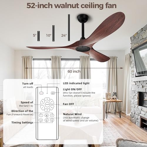 52 Inch Ceiling Fan Without Lights, Walnut Finish | Outdoor Ceiling Fan with Remote, 6-Speed Adjustable, alternate view 5