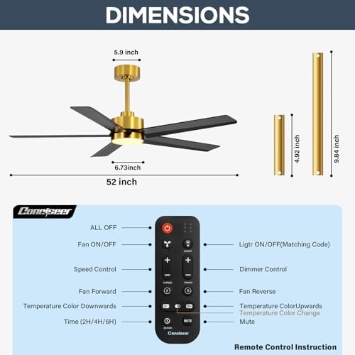 52 Inch Ceiling Fans with Lights and Remote for Bedroom Living Room Kitchen Office, Indoor/Outdoor Use, 3CCT, alternate view