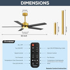 52 Inch Ceiling Fans with Lights and Remote for Bedroom Living Room Kitchen Office, Indoor/Outdoor Use, 3CCT, alternate view