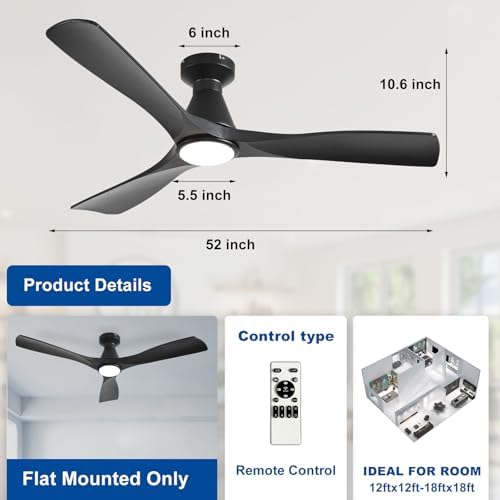 52-Inch Ceiling Fans with Lights: Black 3 Blade Flush Mount Low Profile Ceiling Fan for Bedroom - Dimmable, alternate view 2