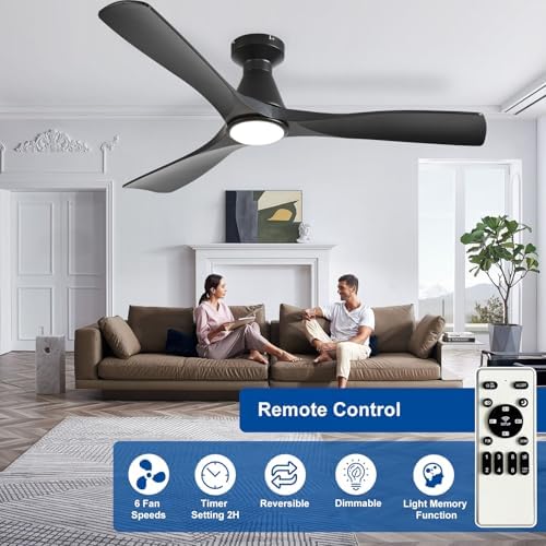 52-Inch Ceiling Fans with Lights: Black 3 Blade Flush Mount Low Profile Ceiling Fan for Bedroom - Dimmable, alternate view 5