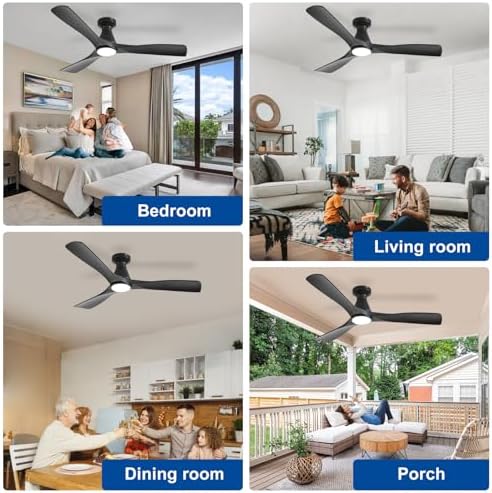 52-Inch Ceiling Fans with Lights: Black 3 Blade Flush Mount Low Profile Ceiling Fan for Bedroom - Dimmable, alternate view 6