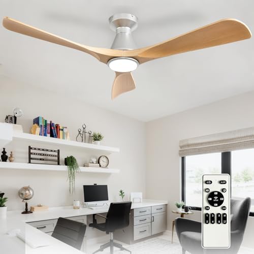 52-Inch Ceiling Fans with Lights: Wood 3 Blade Flush Mount Low Profile Ceiling Fan for Bedroom - Dimmable Indoor
