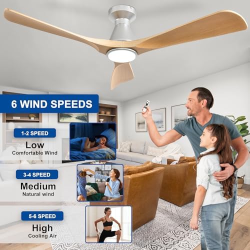 52-Inch Ceiling Fans with Lights: Wood 3 Blade Flush Mount Low Profile Ceiling Fan for Bedroom - Dimmable Indoor, alternate
