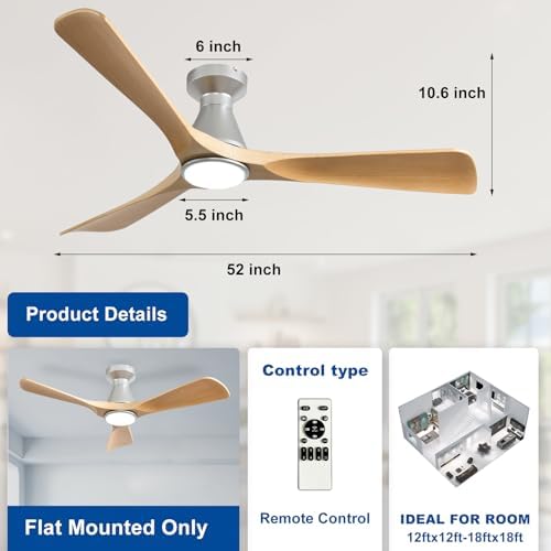 52-Inch Ceiling Fans with Lights: Wood 3 Blade Flush Mount Low Profile Ceiling Fan for Bedroom - Dimmable Indoor, alternate