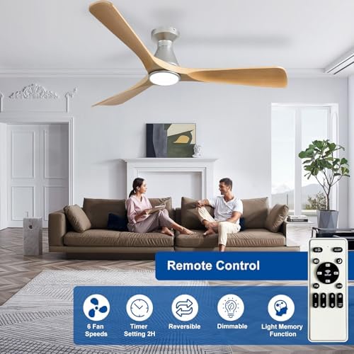 52-Inch Ceiling Fans with Lights: Wood 3 Blade Flush Mount Low Profile Ceiling Fan for Bedroom - Dimmable Indoor, alternate