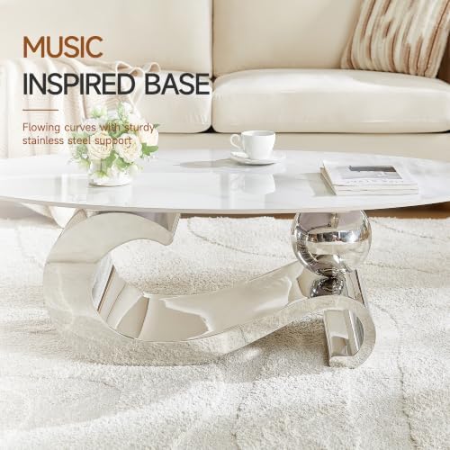 52" Oval Marble Coffee Table for Living Room, Modern Stainless Steel Gold Metal Base, Scratch-Resistant Accent, alternate