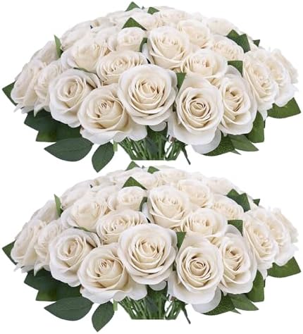 52pcs Beige Roses Artificial Flowers Fake Flowers Silk Roses with Stems for DIY Wedding Bouquets Bridal Shower