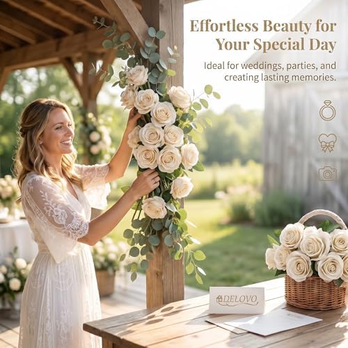 52pcs Beige Roses Artificial Flowers Fake Flowers Silk Roses with Stems for DIY Wedding Bouquets Bridal Shower, alternate