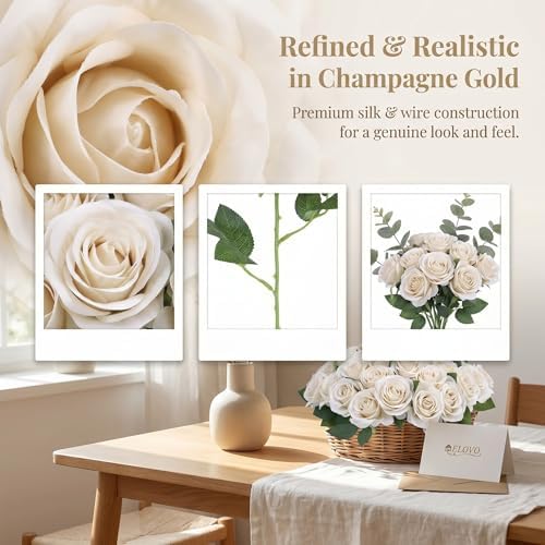 52pcs Beige Roses Artificial Flowers Fake Flowers Silk Roses with Stems for DIY Wedding Bouquets Bridal Shower, alternate