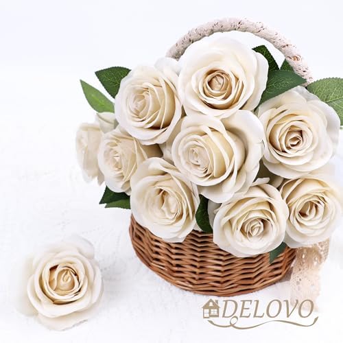 52pcs Beige Roses Artificial Flowers Fake Flowers Silk Roses with Stems for DIY Wedding Bouquets Bridal Shower, alternate