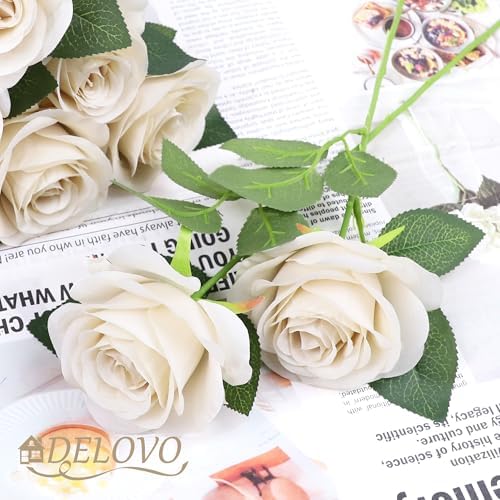 52pcs Beige Roses Artificial Flowers Fake Flowers Silk Roses with Stems for DIY Wedding Bouquets Bridal Shower, alternate