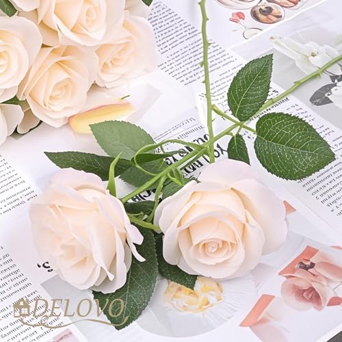 52pcs Champagne Roses Artificial Flowers Fake Flowers Silk Roses with Stems for DIY Wedding Bouquets Bridal, alternate view 4