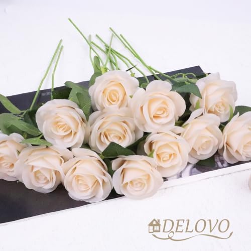 52pcs Champagne Roses Artificial Flowers Fake Flowers Silk Roses with Stems for DIY Wedding Bouquets Bridal, alternate view 6
