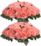52pcs Coral Peach Roses Artificial Flowers Fake Flowers Silk Roses with Stems for DIY Wedding Bouquets Bridal