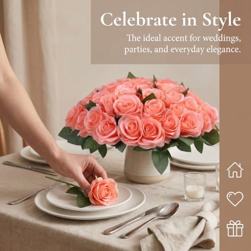 52pcs Coral Peach Roses Artificial Flowers Fake Flowers Silk Roses with Stems for DIY Wedding Bouquets Bridal, alternate view