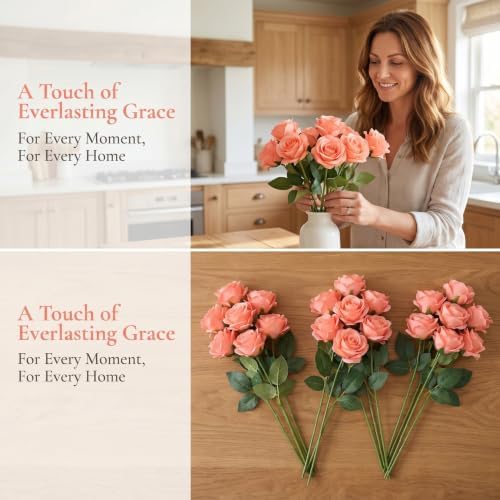 52pcs Coral Peach Roses Artificial Flowers Fake Flowers Silk Roses with Stems for DIY Wedding Bouquets Bridal, alternate view
