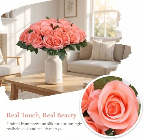 52pcs Coral Peach Roses Artificial Flowers Fake Flowers Silk Roses with Stems for DIY Wedding Bouquets Bridal, alternate view