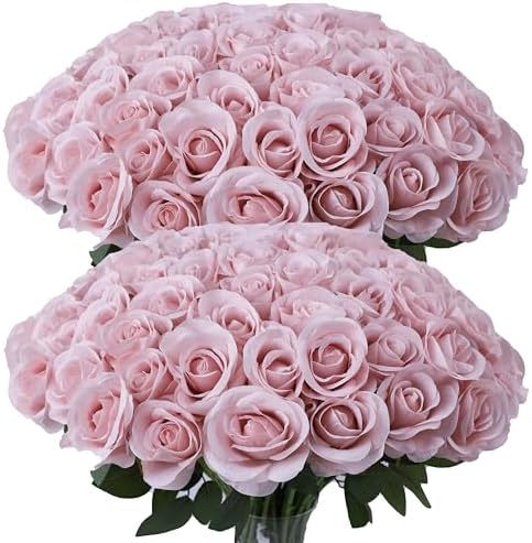 52pcs Dusty Pink Roses Artificial Flowers Ivory Fake Flowers Silk Roses with Stems for DIY Wedding Bouquets