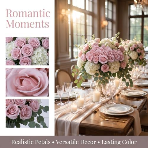 52pcs Dusty Pink Roses Artificial Flowers Ivory Fake Flowers Silk Roses with Stems for DIY Wedding Bouquets, alternate view 4