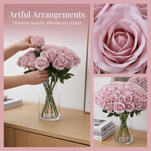 52pcs Dusty Pink Roses Artificial Flowers Ivory Fake Flowers Silk Roses with Stems for DIY Wedding Bouquets, alternate view 5