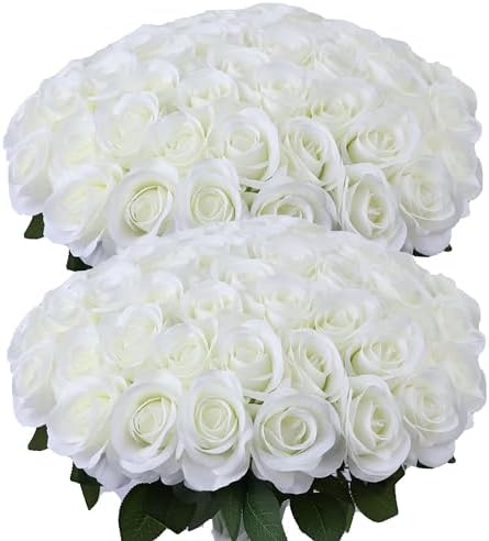 52pcs Ivory Roses Artificial Flowers Ivory White Roses Fake Flowers Silk Roses with Stems for DIY Wedding