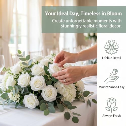 52pcs Ivory Roses Artificial Flowers Ivory White Roses Fake Flowers Silk Roses with Stems for DIY Wedding, alternate view 6