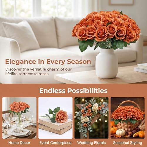52pcs Terracotta Roses Fall Flowers Artificial Roses Fake Flowers, alternate view 4