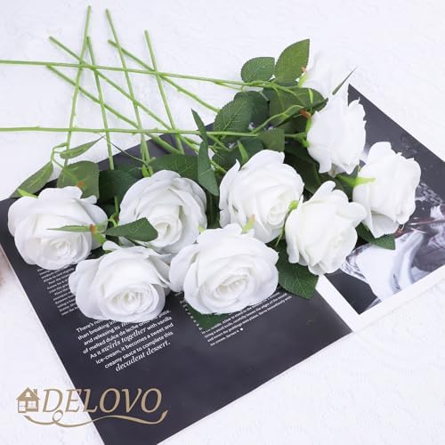 52pcs White Roses Artificial Flowers Ivory Fake Flowers Silk Roses with Stems for DIY Wedding Bouquets Bridal, alternate view